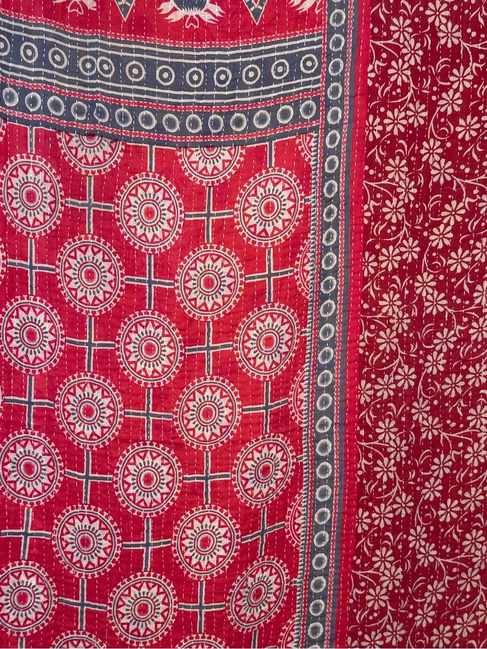 Vintage Handmade Printed Kantha Quilt India Sari Throw Blanket Twin 52x80